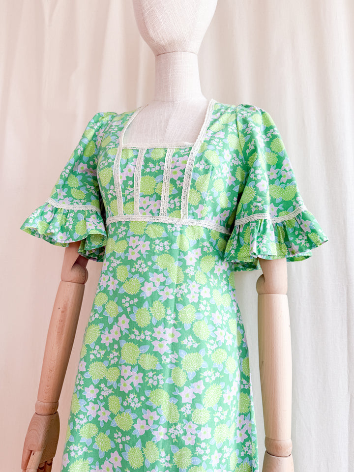 Precious 70s Angel Sleeve Green Floral Cotton Maxi Dress