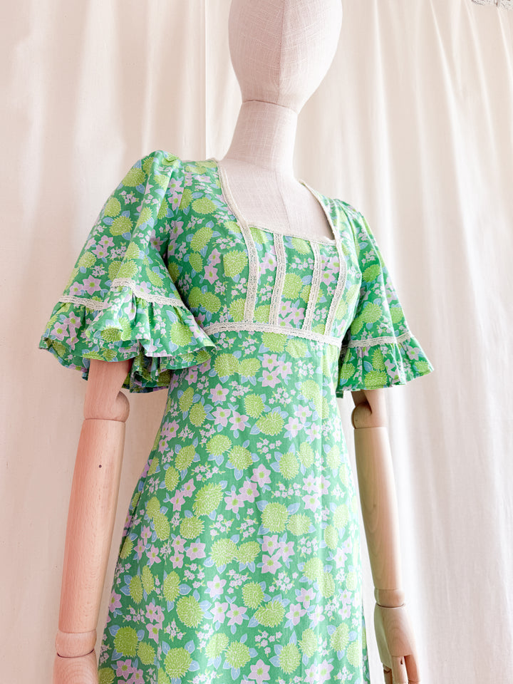 Precious 70s Angel Sleeve Green Floral Cotton Maxi Dress