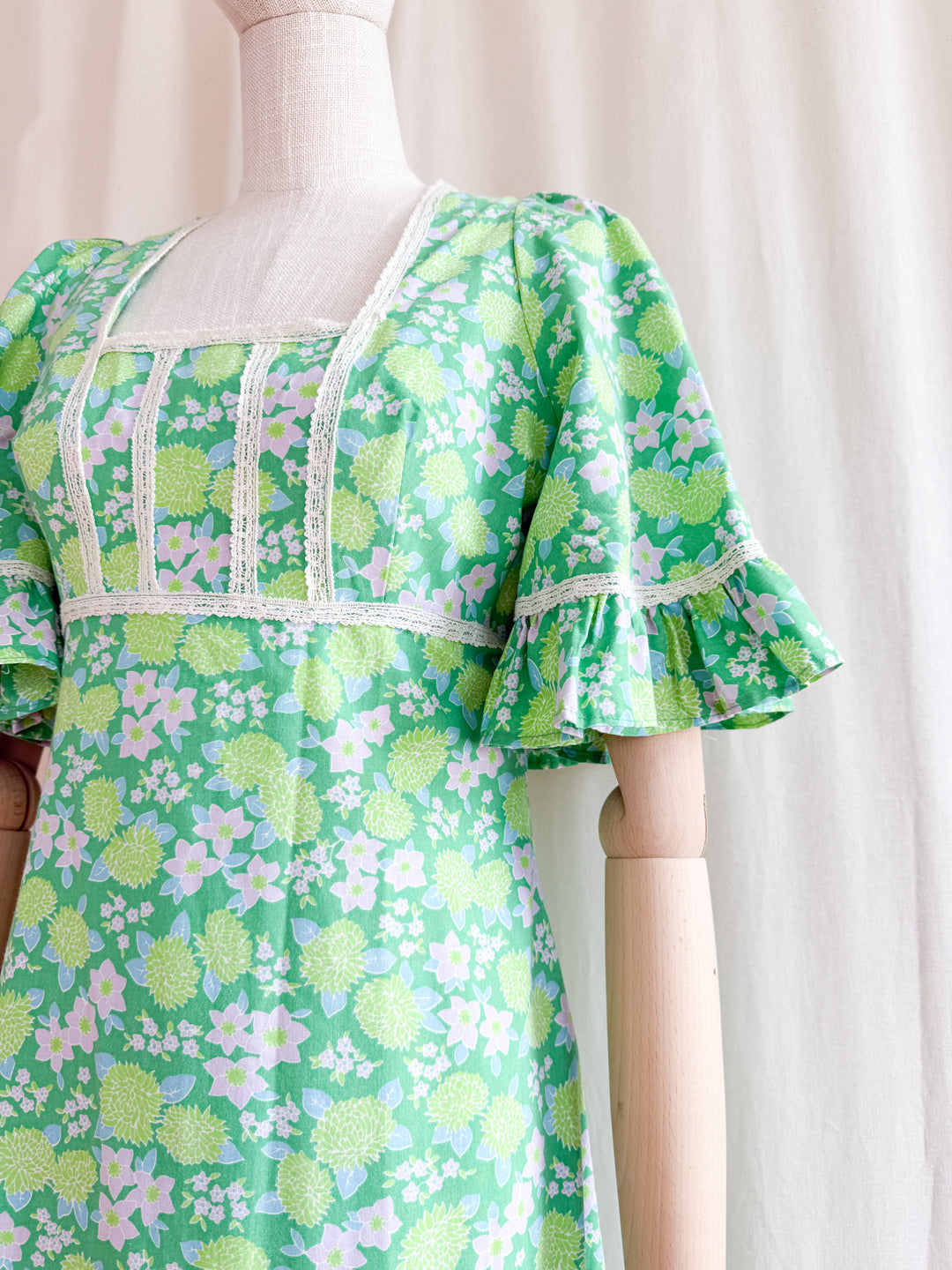 Precious 70s Angel Sleeve Green Floral Cotton Maxi Dress