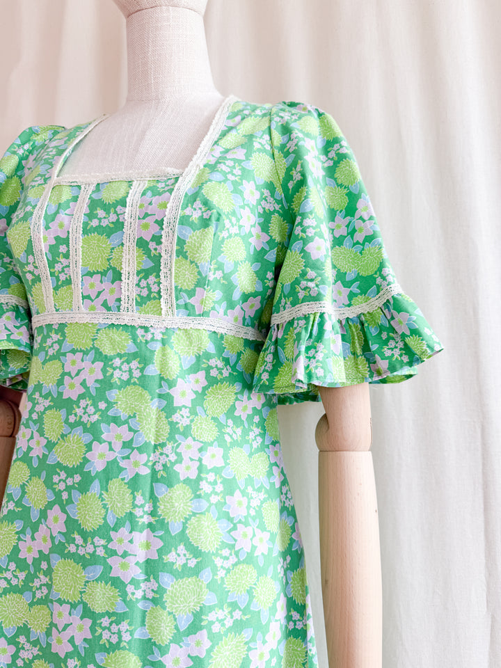 Precious 70s Angel Sleeve Green Floral Cotton Maxi Dress