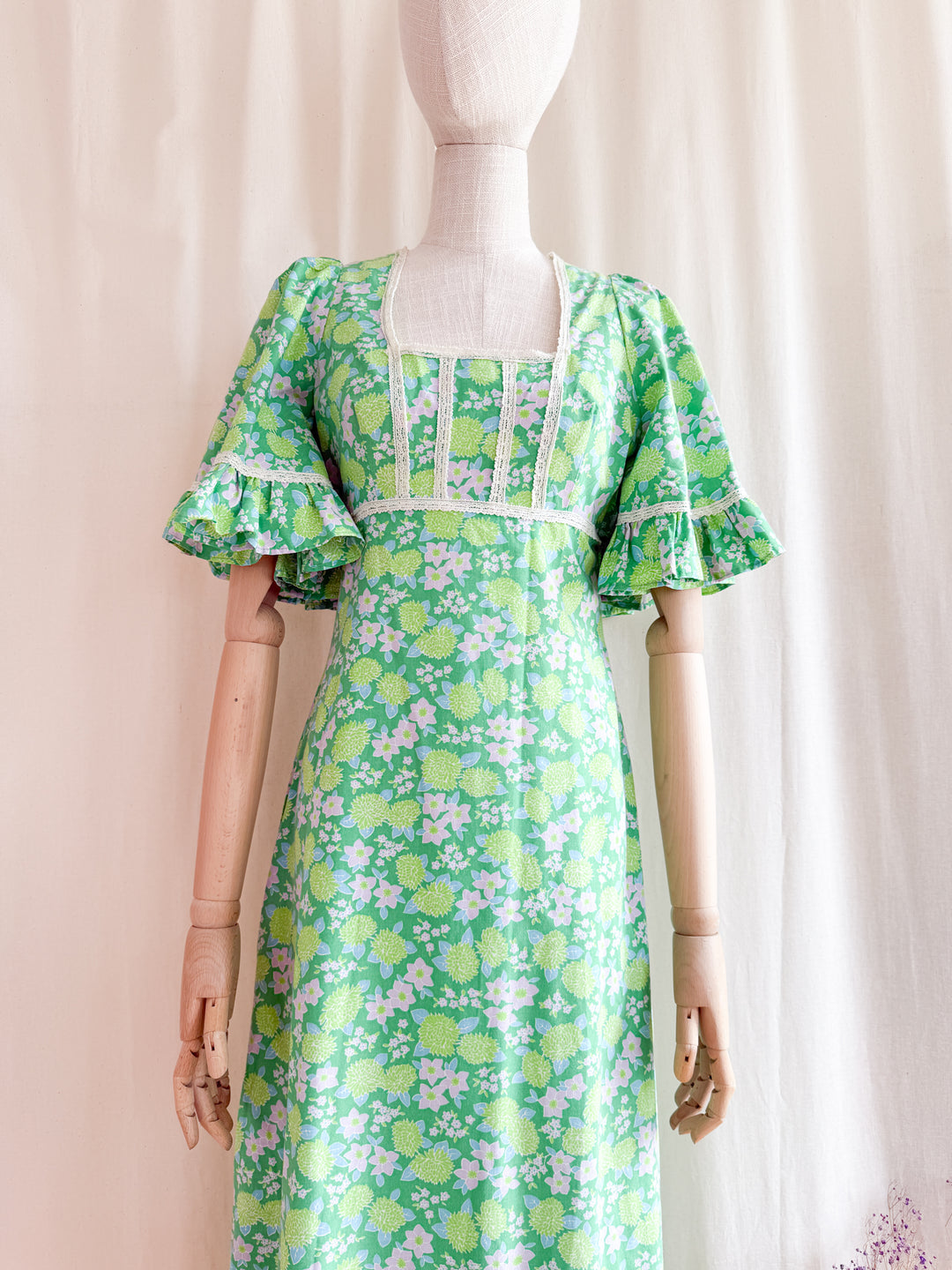 Precious 70s Angel Sleeve Green Floral Cotton Maxi Dress