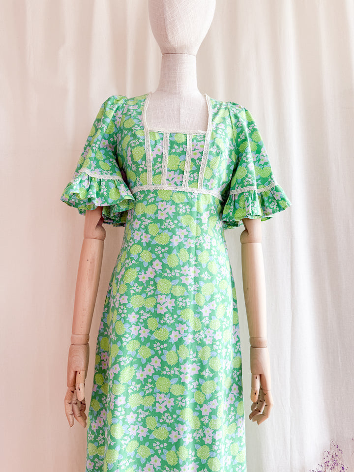 Precious 70s Angel Sleeve Green Floral Cotton Maxi Dress