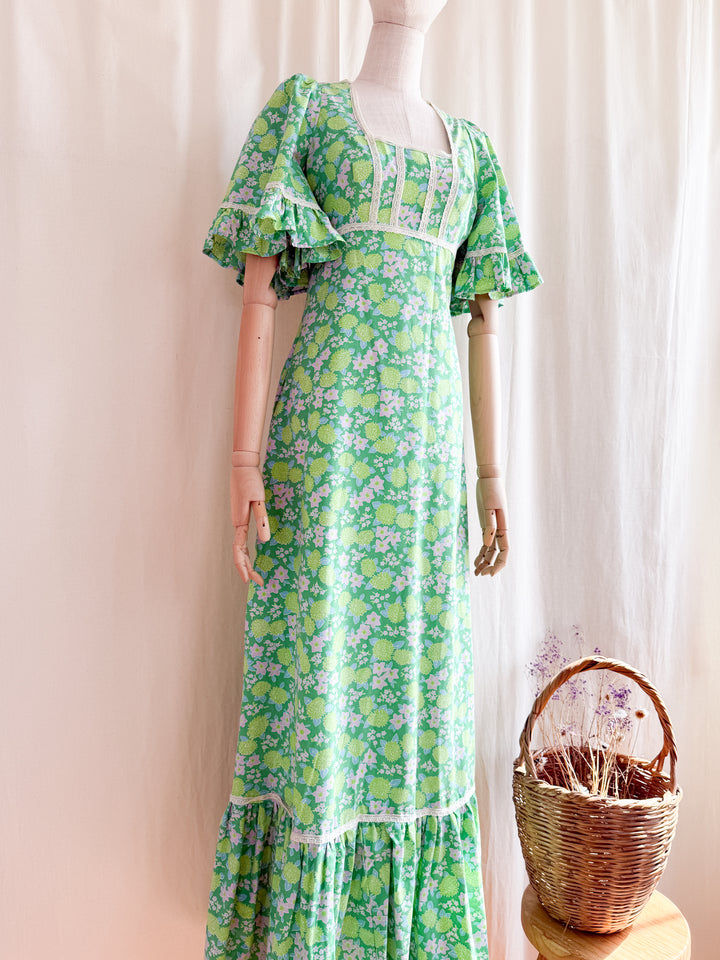 Precious 70s Angel Sleeve Green Floral Cotton Maxi Dress