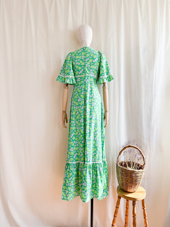 Precious 70s Angel Sleeve Green Floral Cotton Maxi Dress
