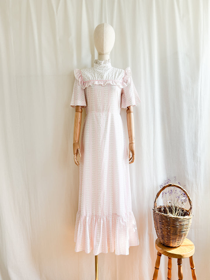 The Cutest 70s Pink Floral Flutter Sleeve Cotton Maxi Dress