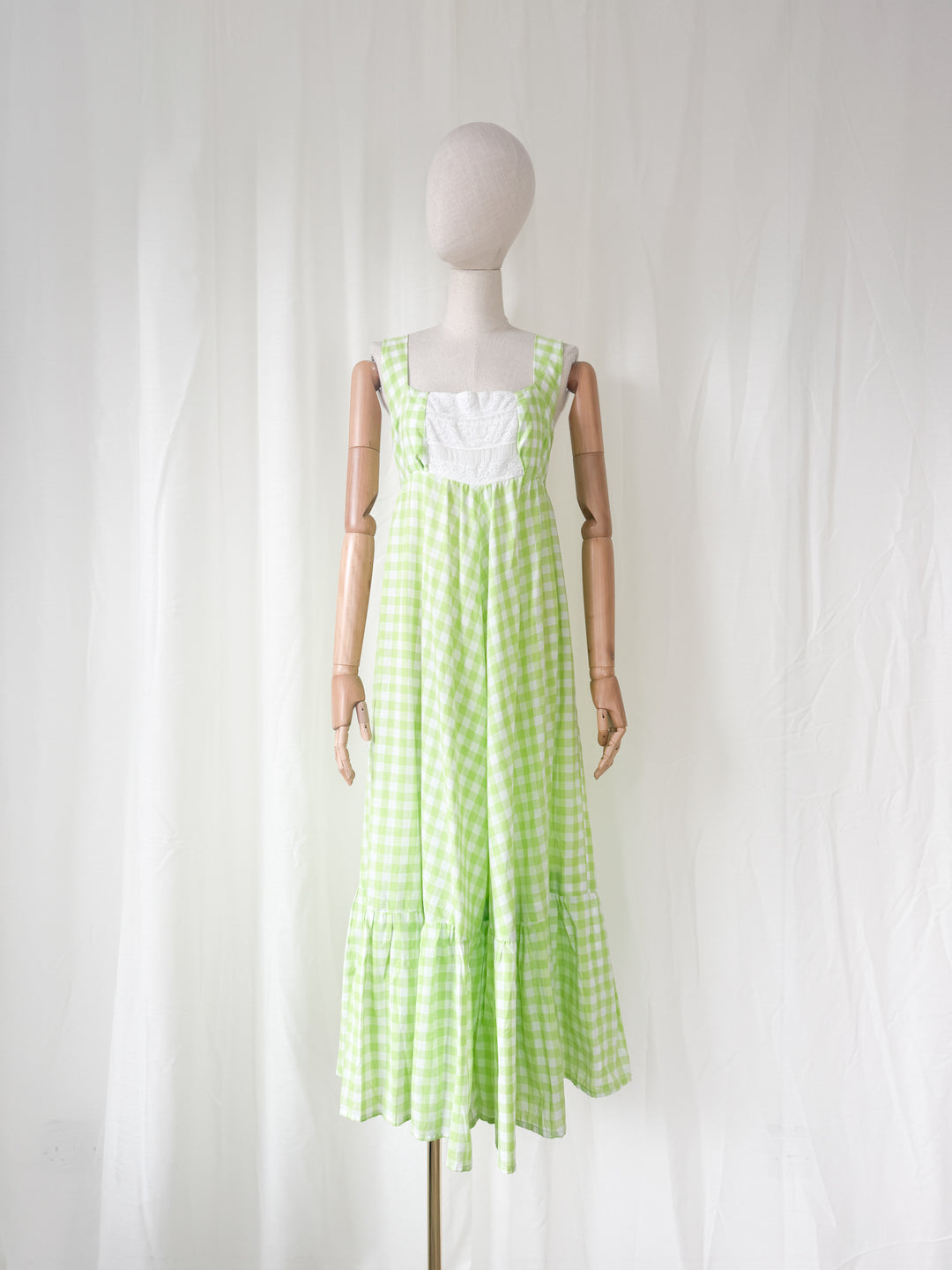Precious Rare 1970s Green Gingham Travers Tempos Maxi Dress and Jacket Set