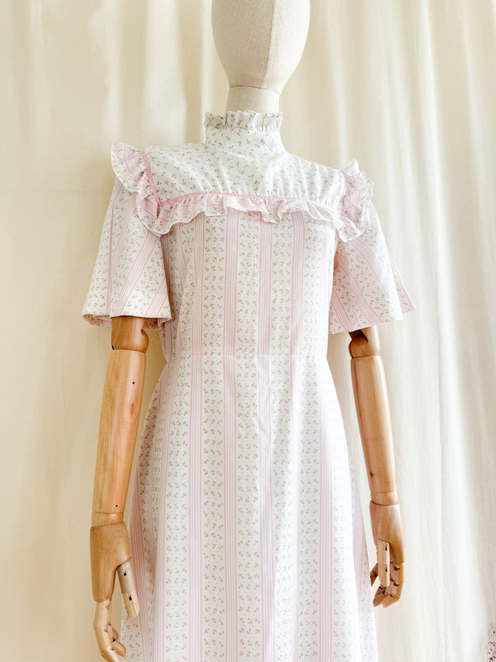 The Cutest 70s Pink Floral Flutter Sleeve Cotton Maxi Dress