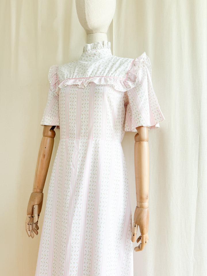 The Cutest 70s Pink Floral Flutter Sleeve Cotton Maxi Dress