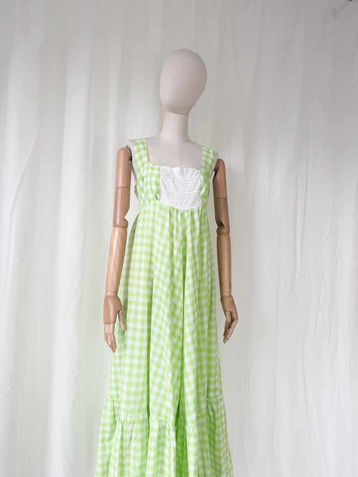 Precious Rare 1970s Green Gingham Travers Tempos Maxi Dress and Jacket Set