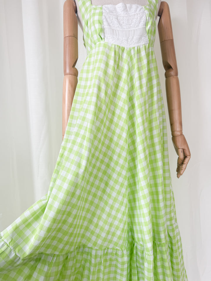 Precious Rare 1970s Green Gingham Travers Tempos Maxi Dress and Jacket Set