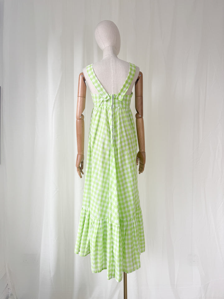 Precious Rare 1970s Green Gingham Travers Tempos Maxi Dress and Jacket Set