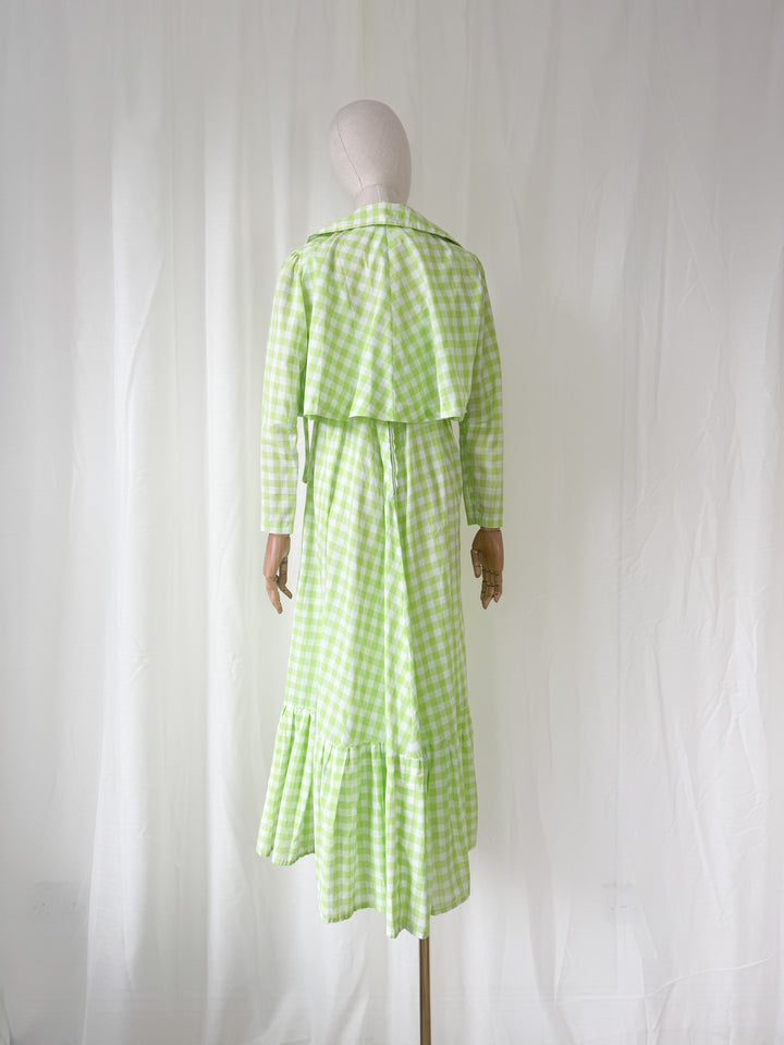 Precious Rare 1970s Green Gingham Travers Tempos Maxi Dress and Jacket Set