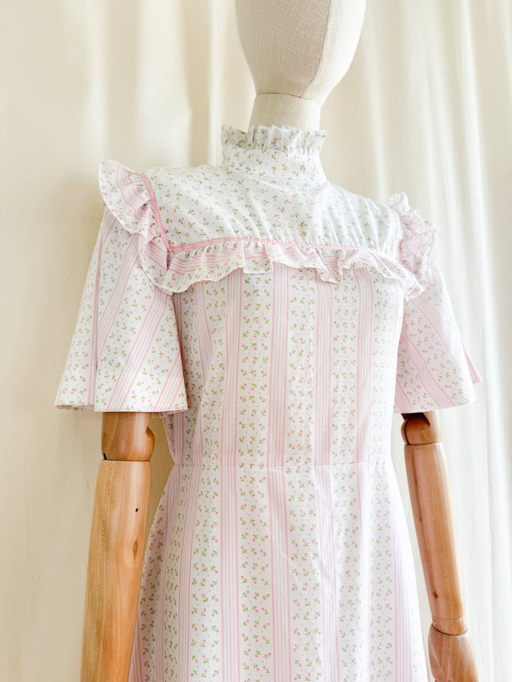 The Cutest 70s Pink Floral Flutter Sleeve Cotton Maxi Dress