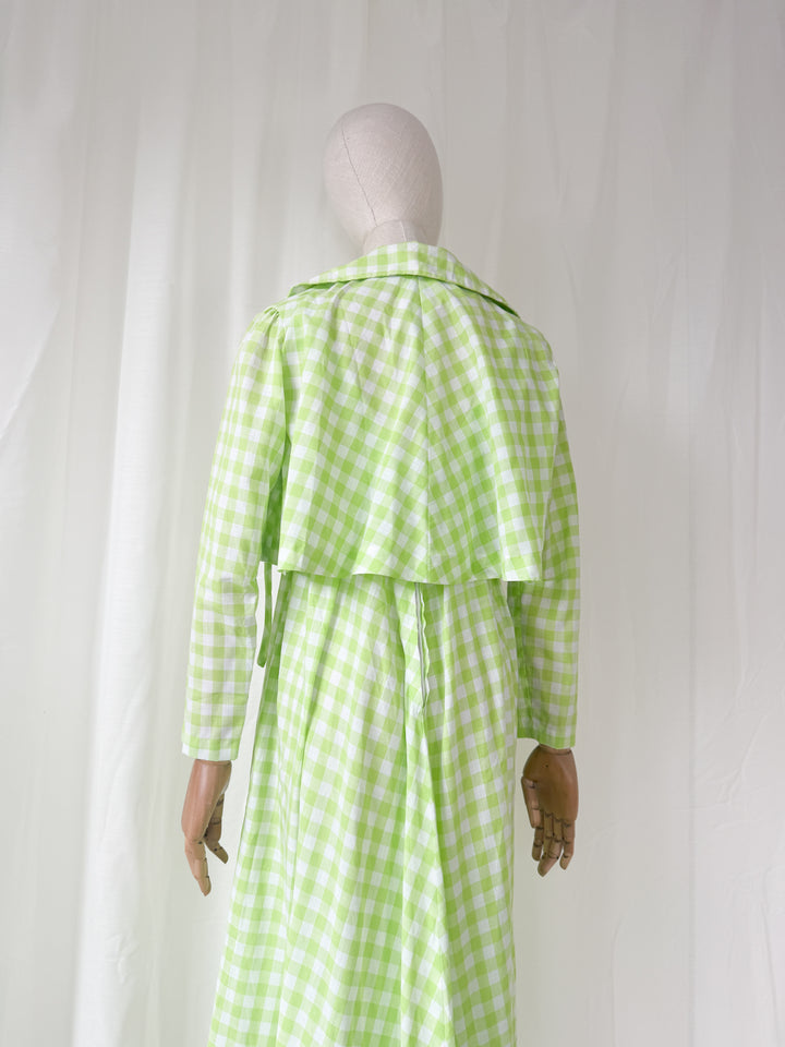 Precious Rare 1970s Green Gingham Travers Tempos Maxi Dress and Jacket Set
