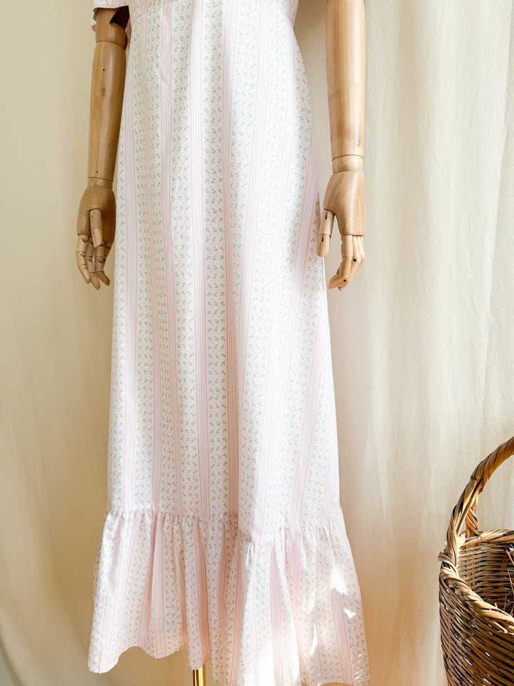 The Cutest 70s Pink Floral Flutter Sleeve Cotton Maxi Dress
