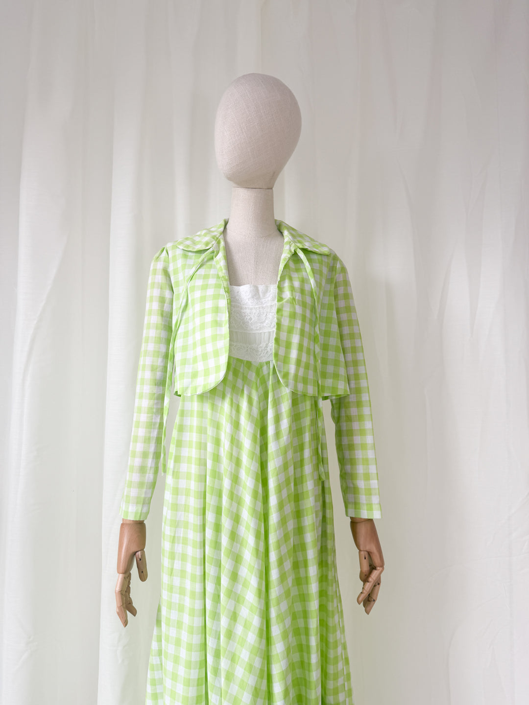 Precious Rare 1970s Green Gingham Travers Tempos Maxi Dress and Jacket Set