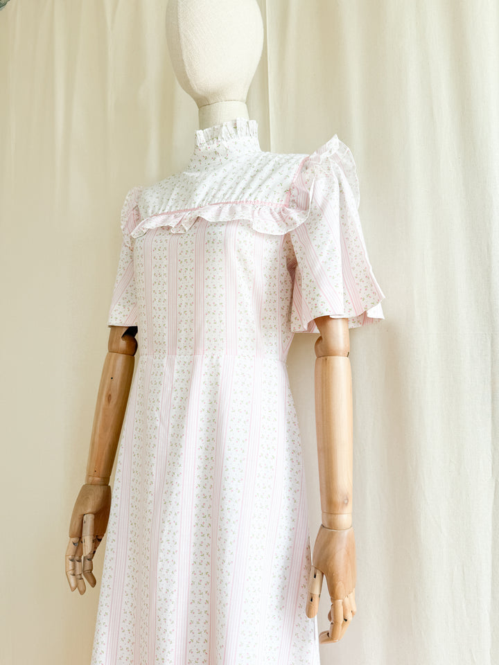 The Cutest 70s Pink Floral Flutter Sleeve Cotton Maxi Dress