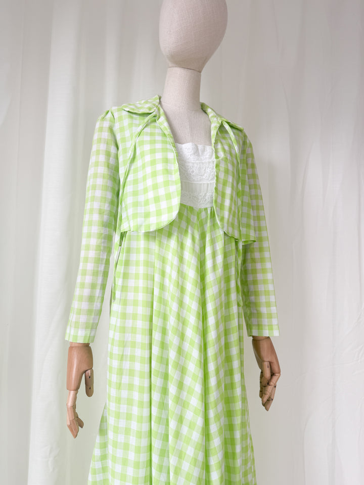 Precious Rare 1970s Green Gingham Travers Tempos Maxi Dress and Jacket Set