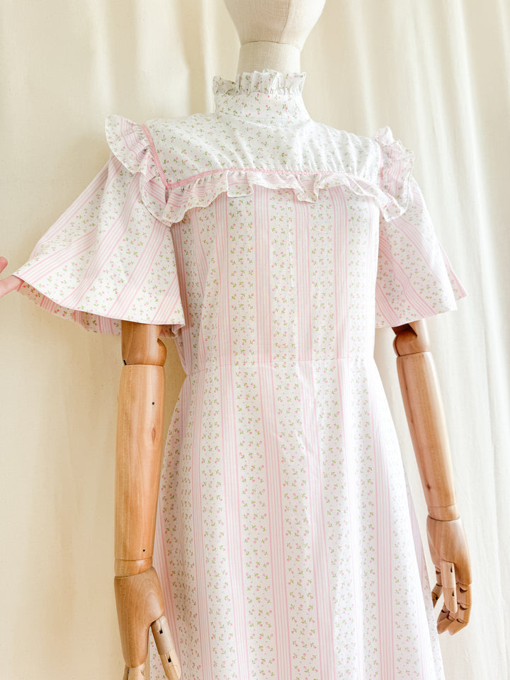 The Cutest 70s Pink Floral Flutter Sleeve Cotton Maxi Dress