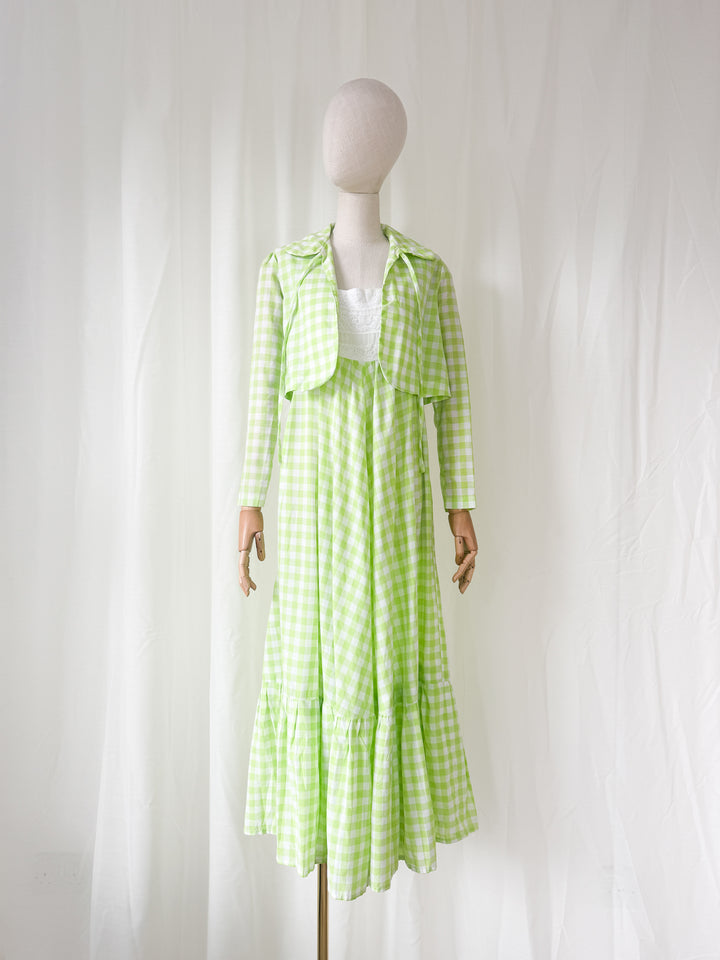 Precious Rare 1970s Green Gingham Travers Tempos Maxi Dress and Jacket Set