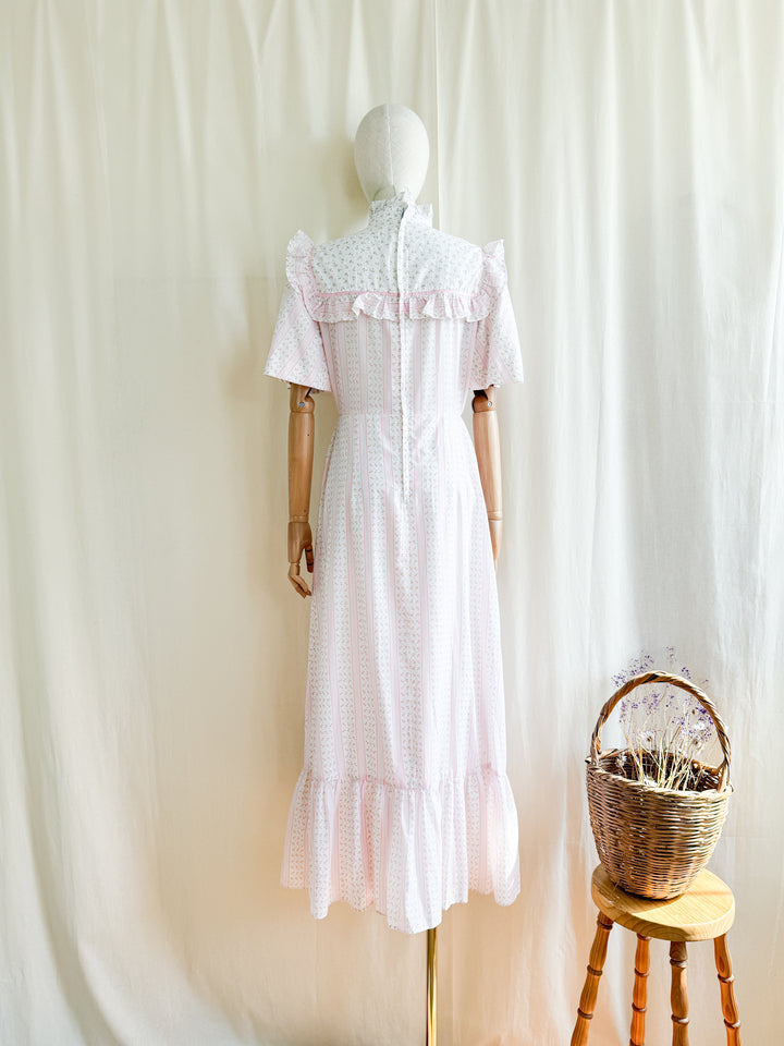 The Cutest 70s Pink Floral Flutter Sleeve Cotton Maxi Dress
