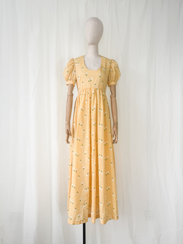 Adorable 1970s Cotton Gingham Yellow Floral Maxi Dress