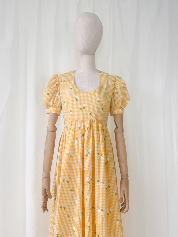Adorable 1970s Cotton Gingham Yellow Floral Maxi Dress