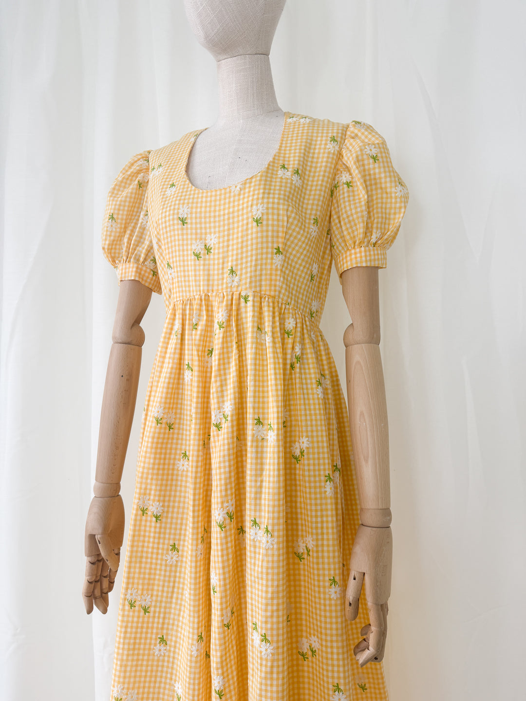 Adorable 1970s Cotton Gingham Yellow Floral Maxi Dress