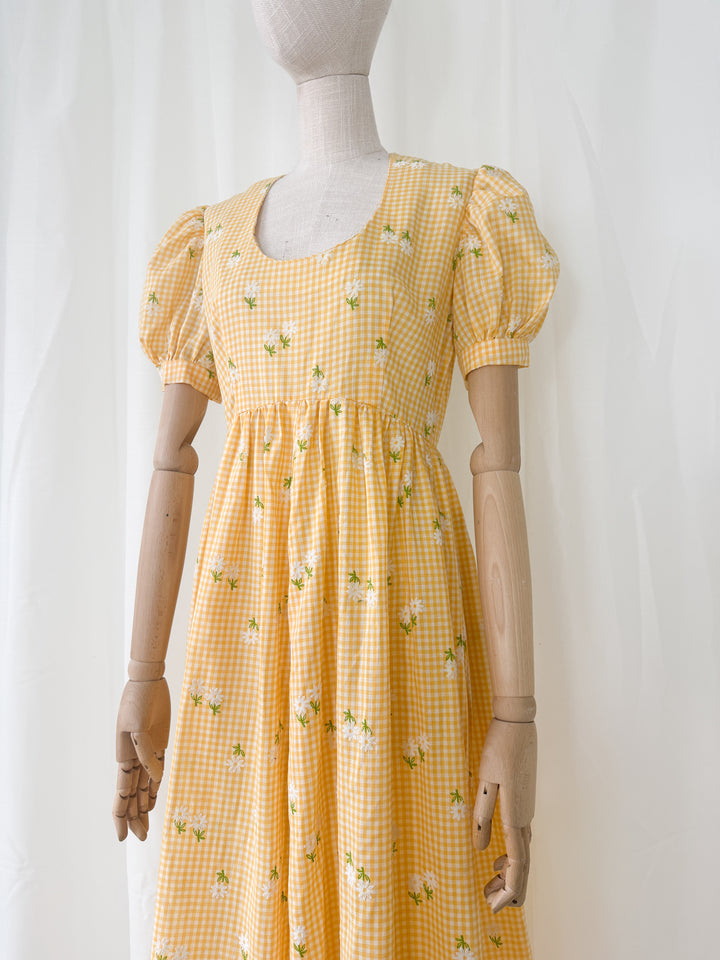 Adorable 1970s Cotton Gingham Yellow Floral Maxi Dress