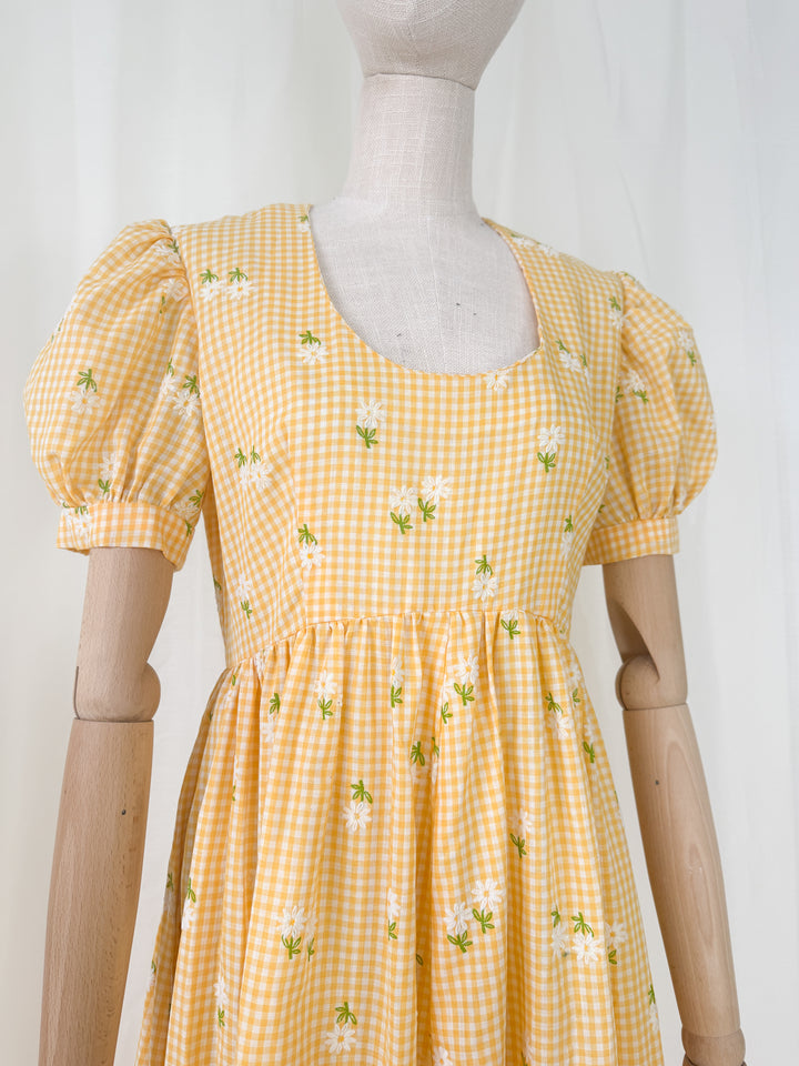 Adorable 1970s Cotton Gingham Yellow Floral Maxi Dress