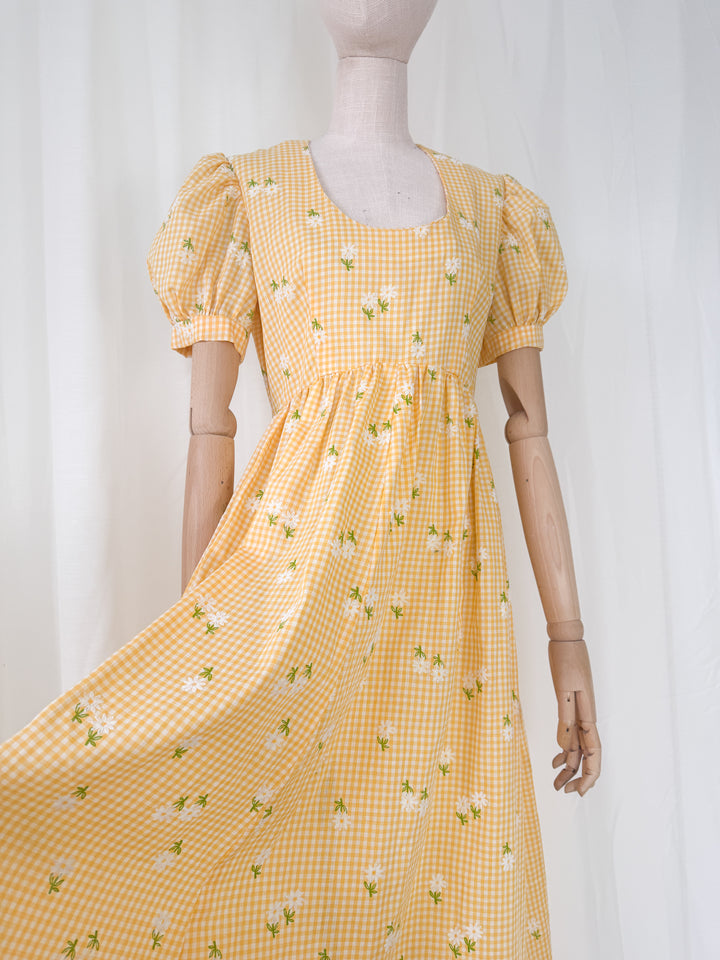 Adorable 1970s Cotton Gingham Yellow Floral Maxi Dress