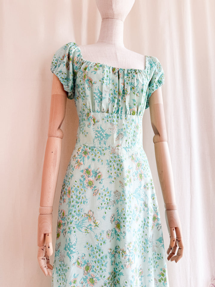 Breathtaking 70s Minty Hued Romantic Floral Maxi Dress
