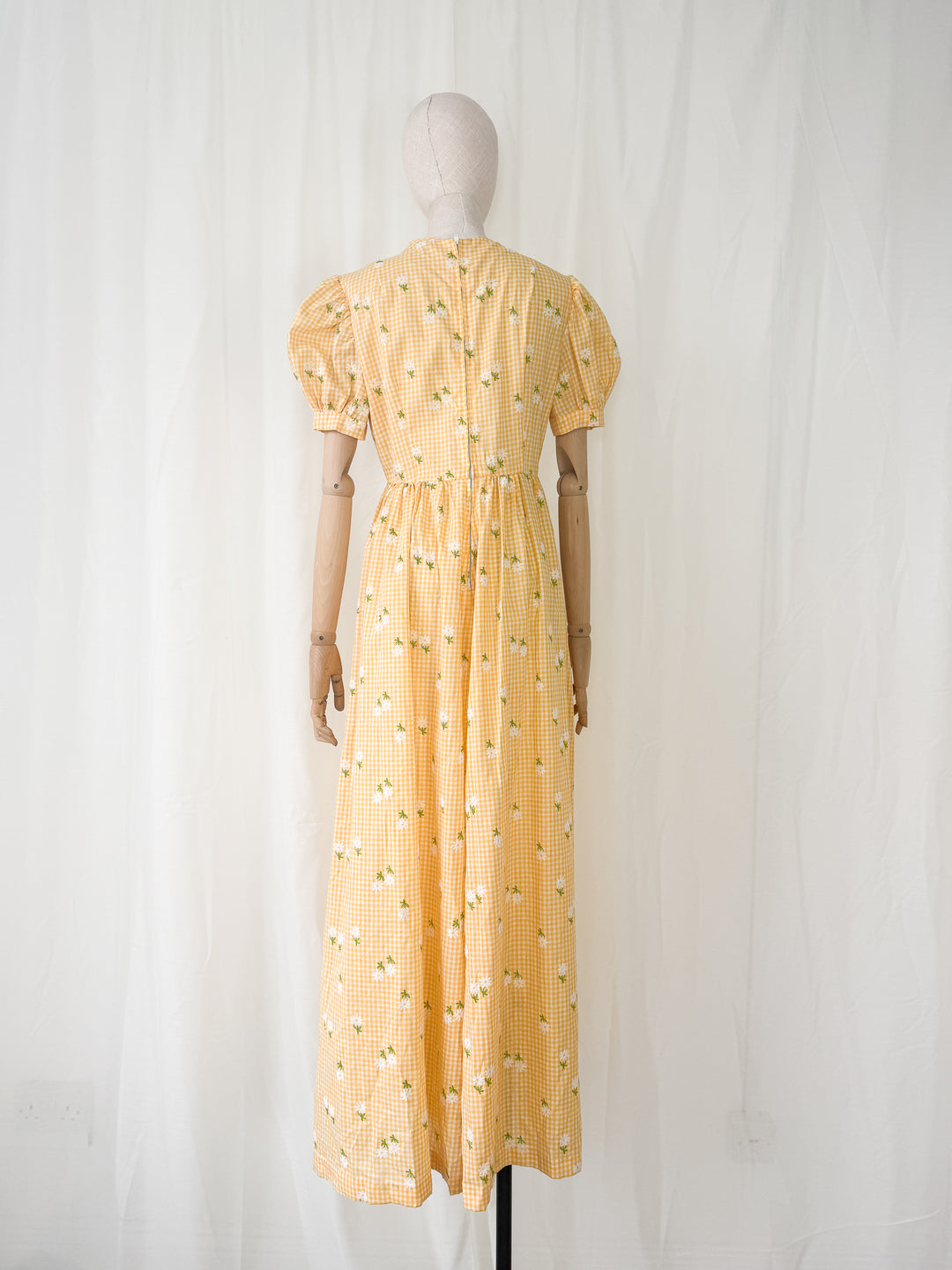 Adorable 1970s Cotton Gingham Yellow Floral Maxi Dress