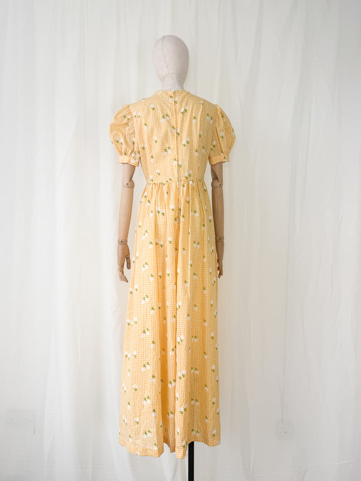 Adorable 1970s Cotton Gingham Yellow Floral Maxi Dress