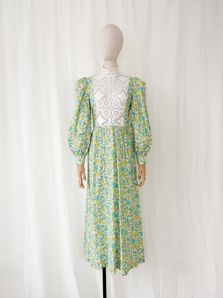 Beautiful Rare 1970s Wallis Floral Cotton Cluny Lace Bodice Maxi Dress