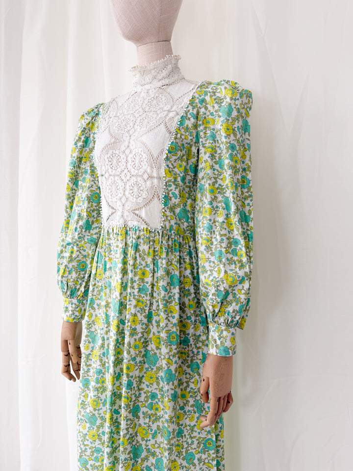 Beautiful Rare 1970s Wallis Floral Cotton Cluny Lace Bodice Maxi Dress