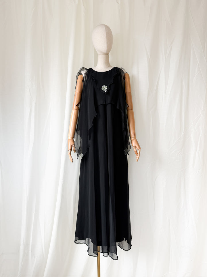 DREAMY RARE 1970S JEAN VARON BLACK CHIFFON MAXI DRESS