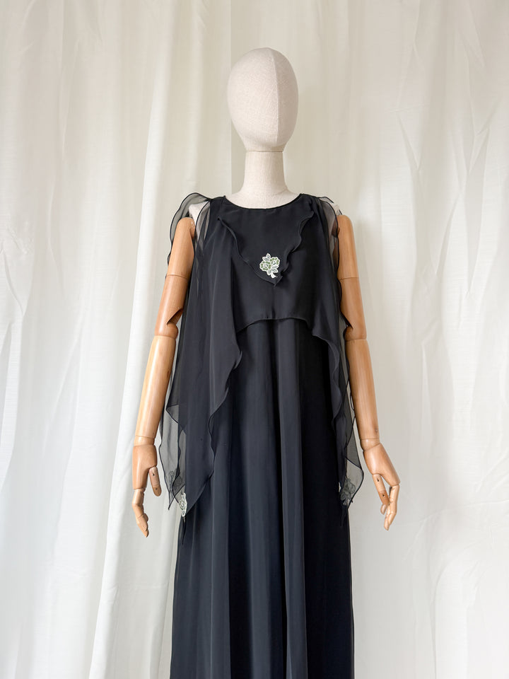 DREAMY RARE 1970S JEAN VARON BLACK CHIFFON MAXI DRESS