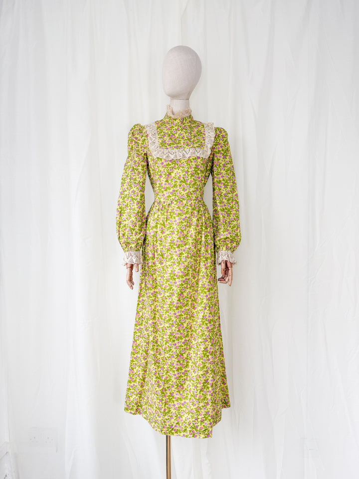 Divine Rare Acidic Yellow Floral 70s Samuel Sherman Cotton Maxi Dress