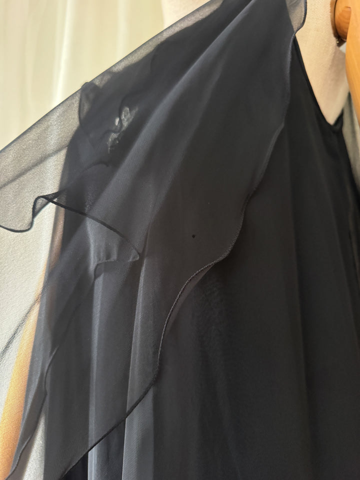 DREAMY RARE 1970S JEAN VARON BLACK CHIFFON MAXI DRESS