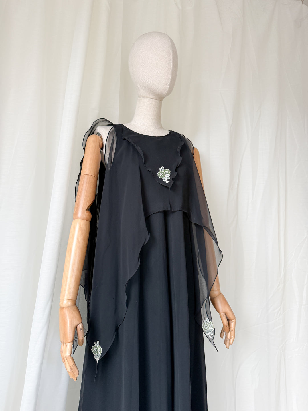 DREAMY RARE 1970S JEAN VARON BLACK CHIFFON MAXI DRESS