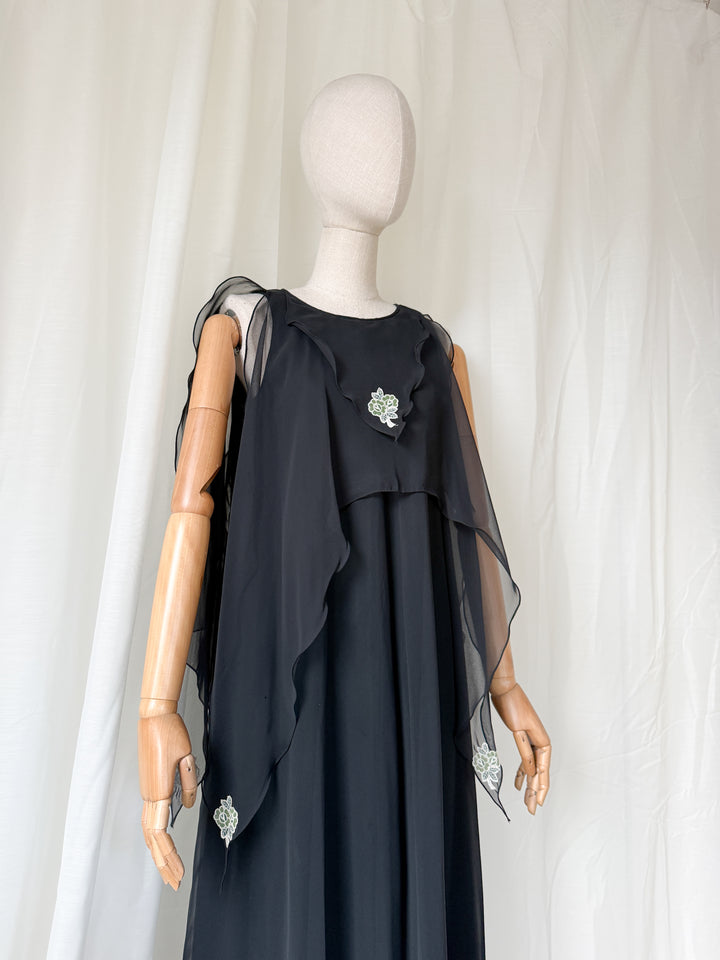 DREAMY RARE 1970S JEAN VARON BLACK CHIFFON MAXI DRESS