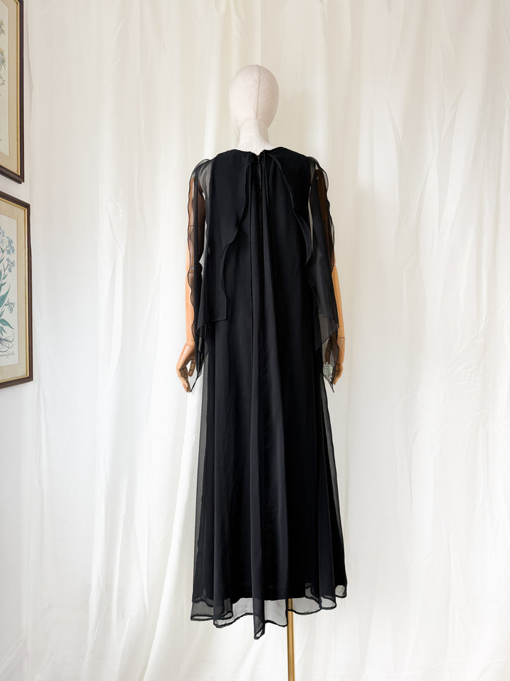 DREAMY RARE 1970S JEAN VARON BLACK CHIFFON MAXI DRESS