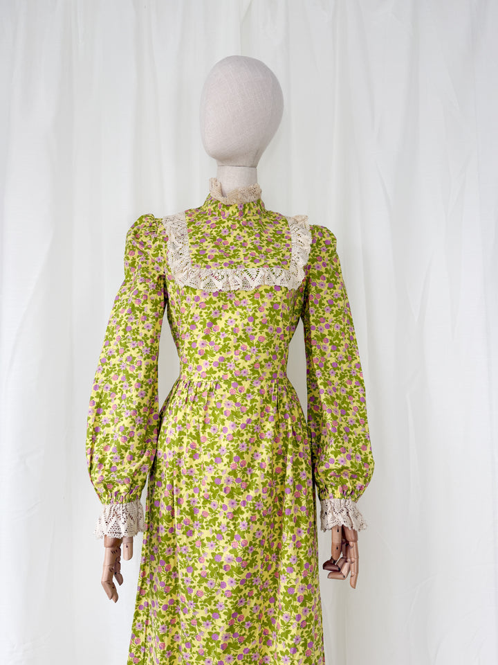 Divine Rare Acidic Yellow Floral 70s Samuel Sherman Cotton Maxi Dress