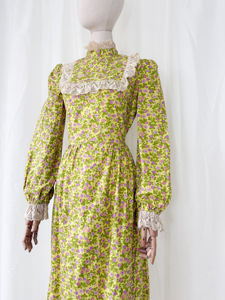 Divine Rare Acidic Yellow Floral 70s Samuel Sherman Cotton Maxi Dress