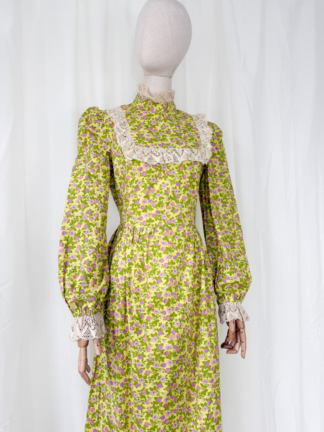 Divine Rare Acidic Yellow Floral 70s Samuel Sherman Cotton Maxi Dress