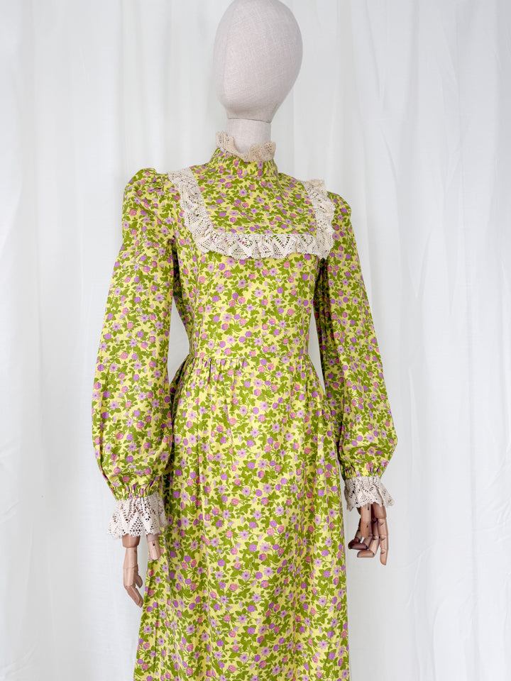 Divine Rare Acidic Yellow Floral 70s Samuel Sherman Cotton Maxi Dress