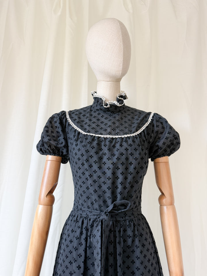 HAUNTING 1970S BLACK COTTON MAXI DRESS