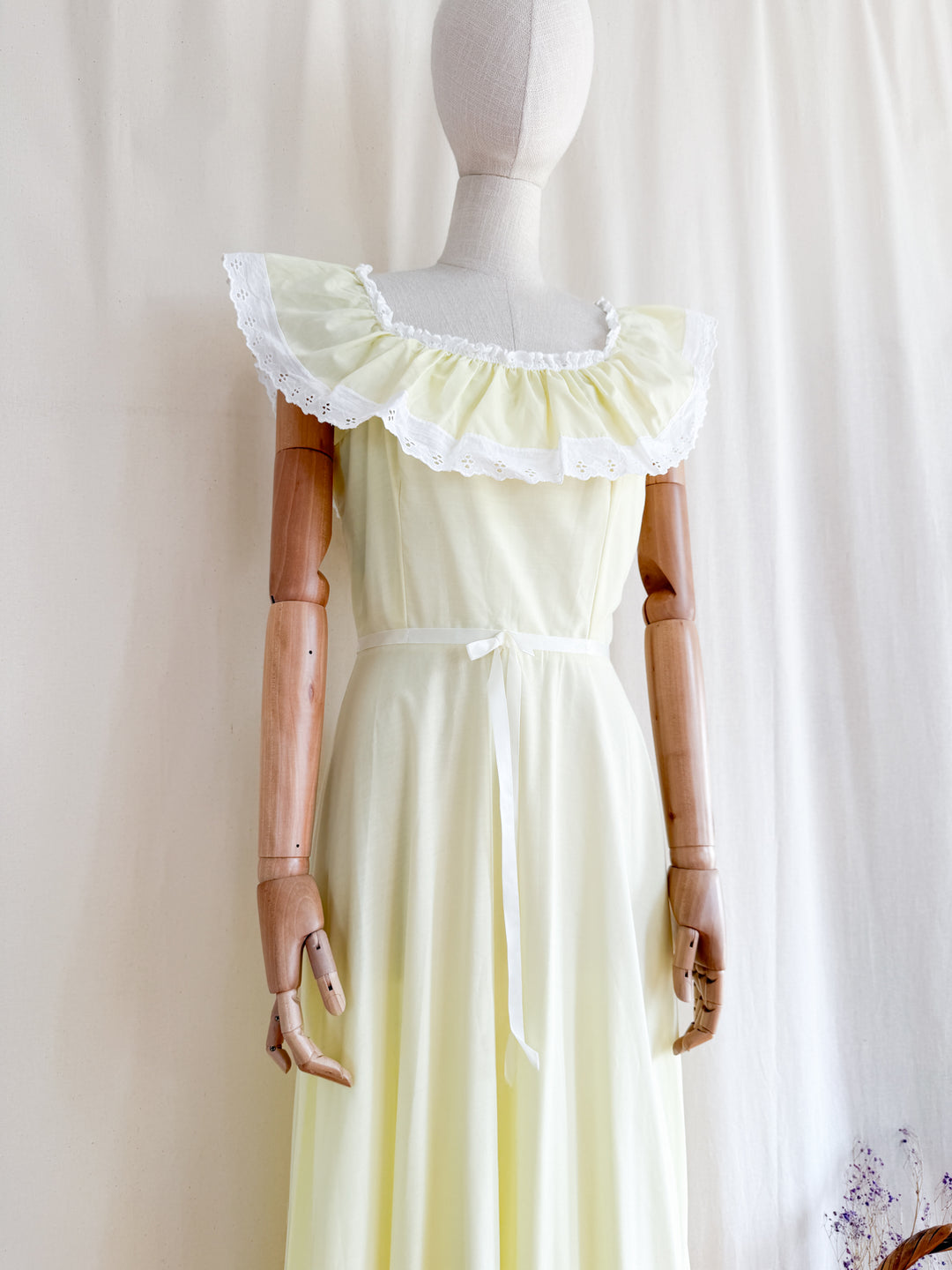Pretty Soft Yellow Late 70s Bardot Neckline Cotton Maxi Dress