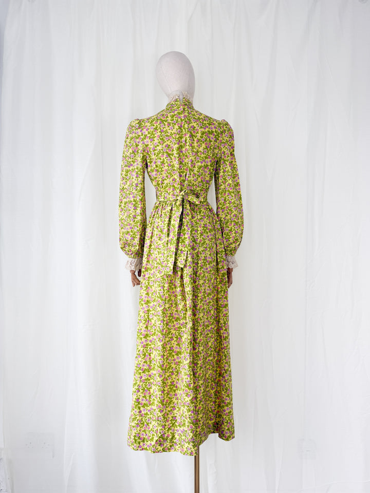 Divine Rare Acidic Yellow Floral 70s Samuel Sherman Cotton Maxi Dress
